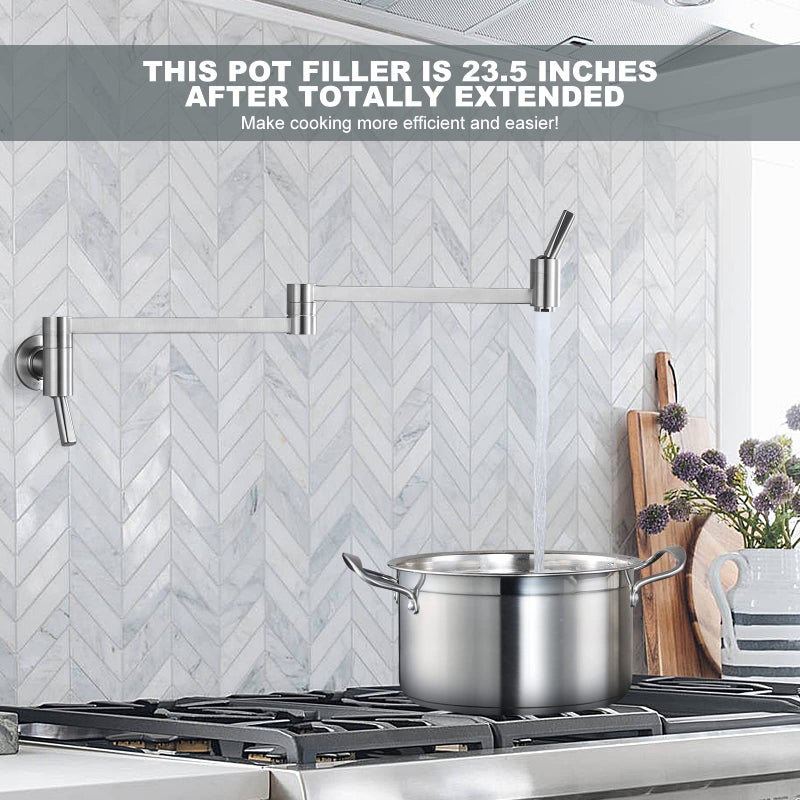WOWOW Brushed Nickel Pot Filler Faucet - WOWOW Solid Brass Pot Filler Patent Design, Wall Mounted Kitchen Stove Faucet with Double Joint Swing Arm (Modern Style) - Image 4
